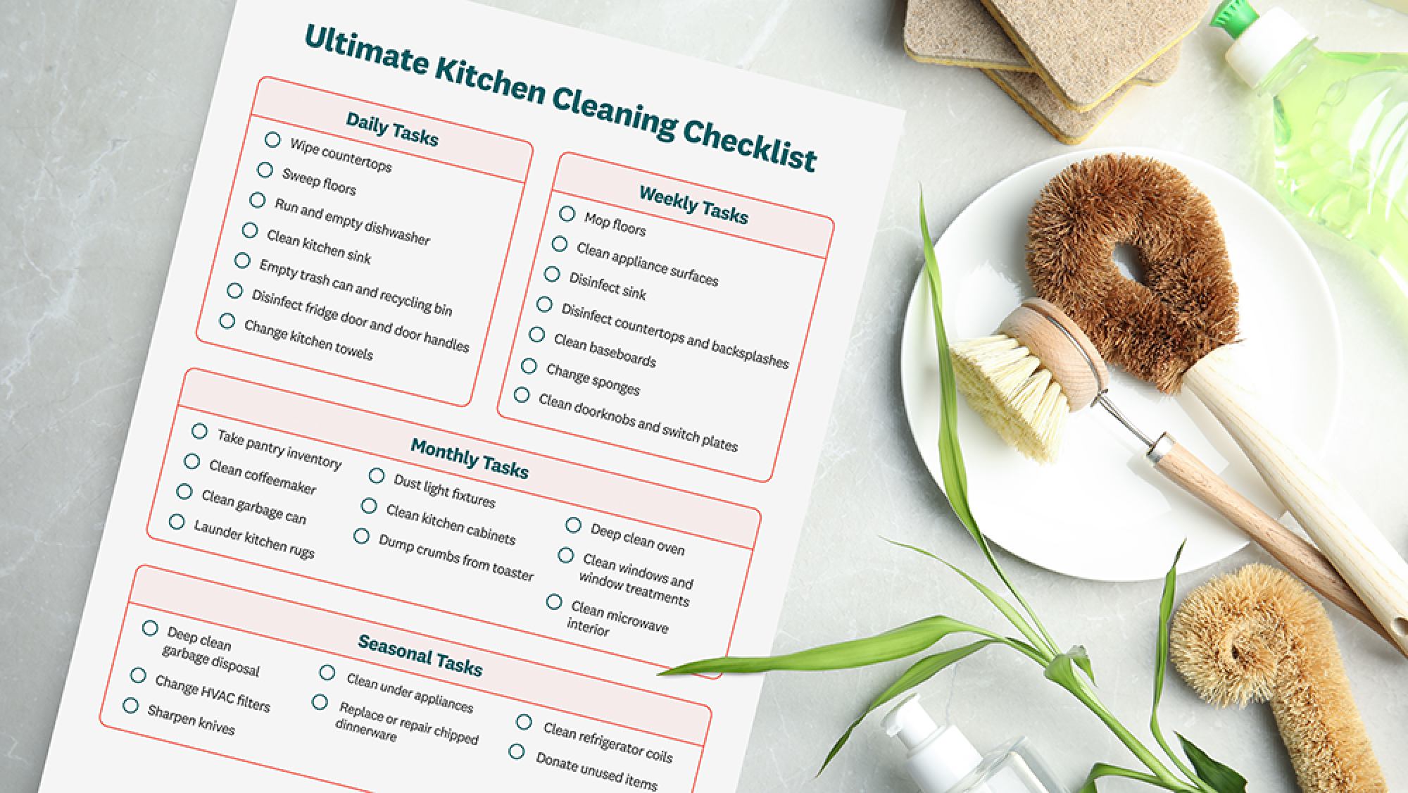 Downloadable checklist on how often you should clean areas of the kitchen